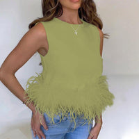 Women's Sleeveless Feather Vest T-Shirt With Back Zipper
