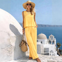 Round-neck Solid-color Fashionable Womens Casual Cotton-Linen Vest And Pants Set