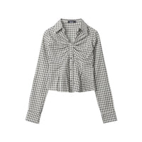 Plaid Pleated Design Shirt Womens Short Slim-Fit Long-Sleeve Top In A Sassy Style