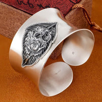 Womens Wide Stylish Open Bangle In Brushed Pure Silver With A Vintage Look