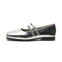 Genuine Leather Cross Buckle Strap Shallow Mouth Flat Bottom Pumps Silver Ballet Slipper Mary Jane Shoes