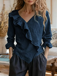 Womens Solid-Color V-Neck Casual Top With Ruffle Long Sleeves