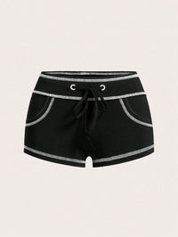 Open-stitch Design Lace-up Low-rise Hot Pants