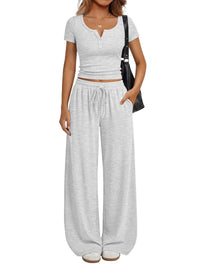 Women's Loungewear Short-Sleeve Top And Wide-Leg Pants Set