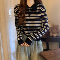 Womens Black And White Striped Lapel Long-Sleeve Knit Sweater