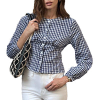 Women's Retro Casual Round Neck Plaid Shirt