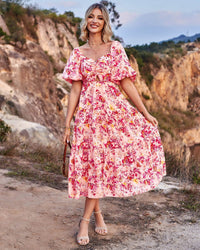 Digital-Print Bohemian Floral Patchwork Mid-to-High-Waist Dress