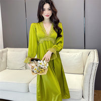 Women's Spring Autumn Lace V-Tie Satin Nightdress