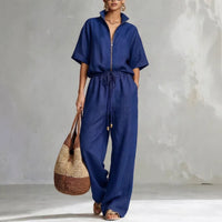 Womens Casual Loose Solid-Color Zip-Up Crew-Neck Wide-Leg Pants Set