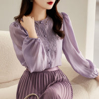 Elegant Style Round Neck Long Sleeve Shirt Lantern Sleeve