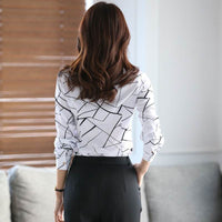 Spring And Autumn White With Printed Pattern Striped Shirt Women's Long-sleeved Slim-fit Printed Women's