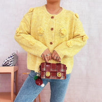 Three-dimensional Flower Cutout Knitted Coat Round Neck Cute Sweater