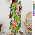 Printed High-Waisted Loose Fit Swing Dress With Short Sleeves For Women