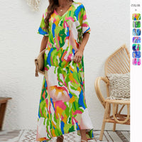 Printed High-Waisted Loose Fit Swing Dress With Short Sleeves For Women