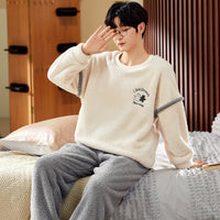 Coral Velvet Pajamas Men's Winter Thicken Thermal Pullover Round Neck Flannel Home Wear