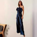 Slim-fit Women's Off-shoulder Blue Denim Flower Jumpsuit