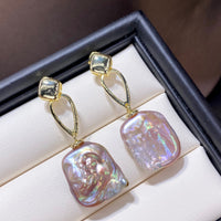Colorful French Retro Natural Square Baroque Shaped Pearl Stud Earrings