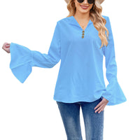 Lotus Leaf Shirt Solid Color T-shirt V-neck Button Women's Top