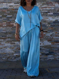Women's V-Neck Short Sleeve Pullover Top And Matching Long Pants Casual Cotton Blend Multicolor Outfit
