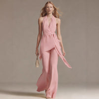 Neck-hanging Backless Belted Sleeveless Wide-leg Suit For Women