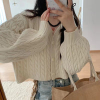 Twist Outer Wear V-neck Sweater Needle Woven Women's Cardigan