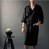 Men's And Women's Long Solid Color Linen Pajamas Robe Bathrobe