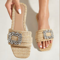Square Head Straw Rhinestone Flat For Outdoors Vacation Leisure All-matching Slippers Women