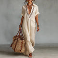 Casual Cotton-Linen Embroidered Pattern Short-Sleeve Pocket Dress