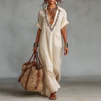 Casual Cotton-Linen Embroidered Pattern Short-Sleeve Pocket Dress