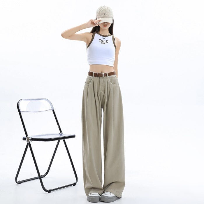 Korean Style Wide-leg Jeans High Waist Loose Pleated Straight Mop