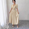 Cross V-Neck Defined Waist Slimming Puff Sleeve Patchwork Pleated Dress For Women