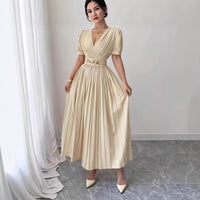 Cross V-Neck Defined Waist Slimming Puff Sleeve Patchwork Pleated Dress For Women