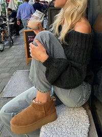 Women's Off-shoulder Simple Pure Color All-matching Lantern Sleeve Knitted Sweater