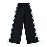 Side-striped Bow-tie-detailed High-waist Casual Loose Wide-leg Straight Pants