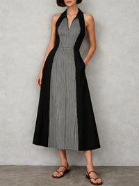 Womens Shirts Collar Defined Waistline Striped Long Swing Dress
