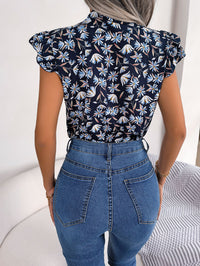 Women's Casual Floral Print Ruffle Trim Tie Bow Chiffon Blouse