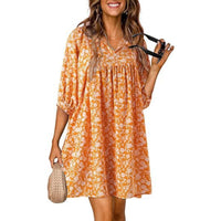 Casual Bohemian Floral Print V-Neck Lantern-Sleeve Dress