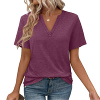 Womens T-shirt With V-neck Loose-fit Casual Solid-color Top