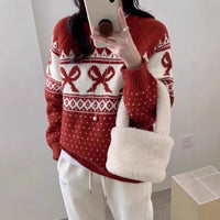 Women's Korean-style Vintage Jacquard Round Neck Sweater With Bow