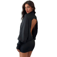 Womens Solid Color Sexy High-Neck Long-Sleeve Backless Loose-Fit Sheath Dress