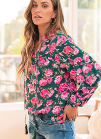Green Floral Printed Tied Collar Puff Sleeve Blouse