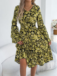 Women's Vintage Bell Sleeve Ruffle Trim Tie Waist A-Line Dress