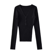 V-neck Fitted-waist Long-sleeve Knit Base Layer Top