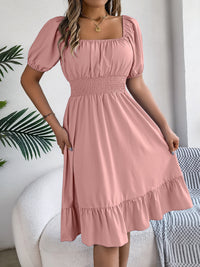 Women's Casual Square Neck Short Sleeve Tie Waist Ruffle A-Line Dress