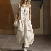 Womens Loose-Fitting Sleeveless Cotton-Linen Dress With Pockets