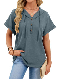 Womens Waffle-Weave Hooded Drawstring Short-Sleeve Top With Buttons