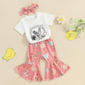 European And American Spring And Summer Girls' Bow Hair Accessories Short Sleeve Striped Color Matching Bell-bottom Pants 2-piece Set