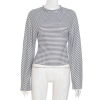 New Solid Color Round Neck Striped Sexy Long Sleeve T-shirt