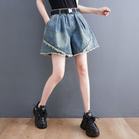 Women's New Korean Style Denim Stitching Washed Shorts