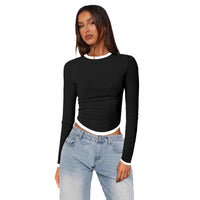 Women's Long-sleeved Round Neck Slim-fit Contrast Colors Short Pullover Top